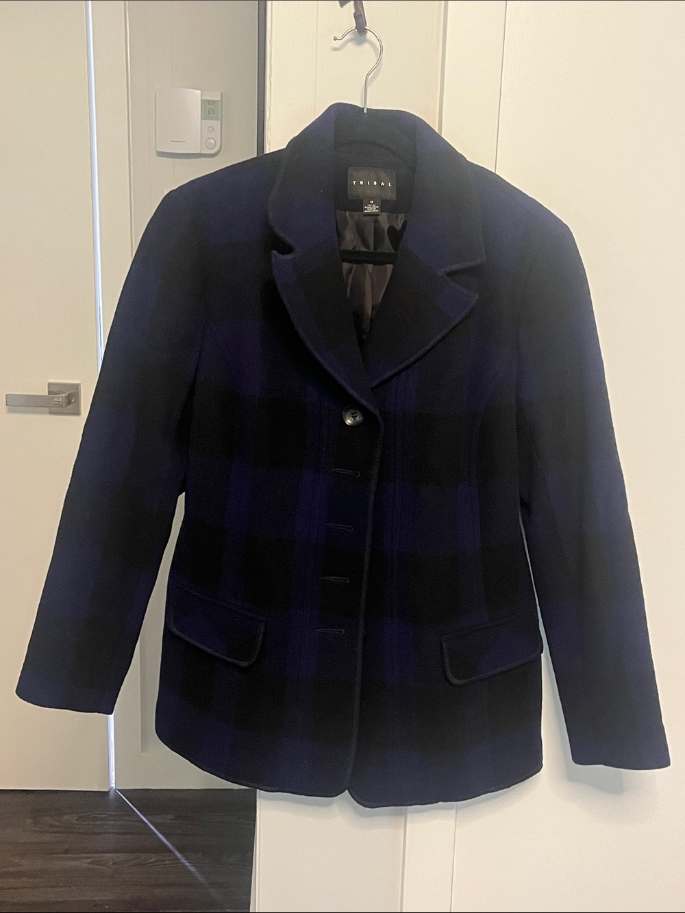Tribal Navy and Black Plaid Wool-Blend Pea Coat/Blazer.